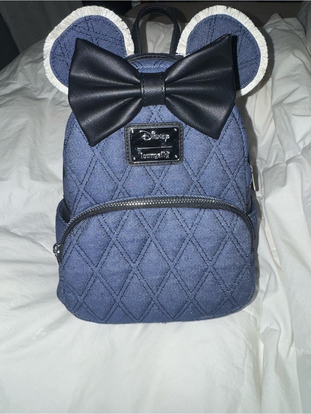 Loungefly Blue Quilted Mini Backpack with Black Bow & Ears
